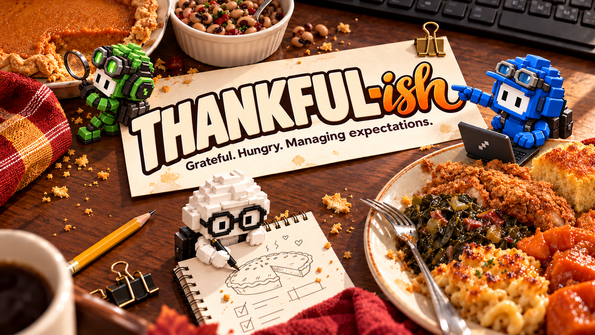 Thankful-ISH: Grateful. Hungry. Managing expectations. Three gremlins, including Greenstein, around a soul food Thanksgiving plate.