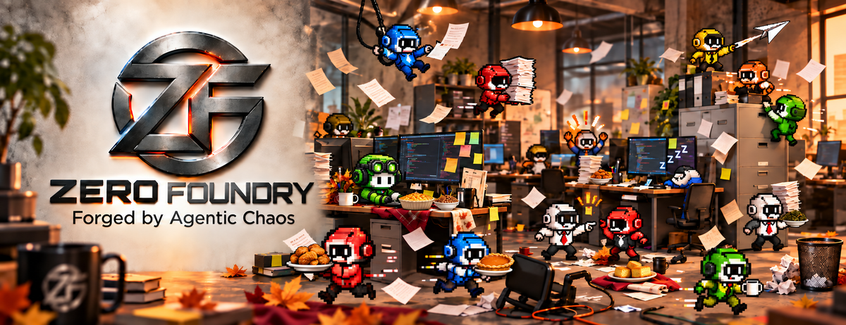 Zero Foundry workshop in autumn, with the gremlins carrying soul food Thanksgiving dishes.