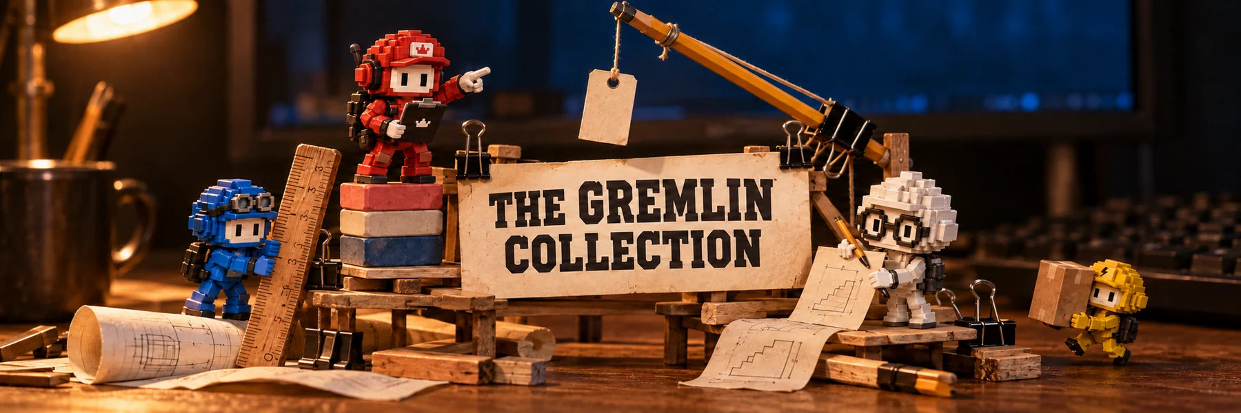 Cap, Graham, Moonboy and Speedy assemble The Gremlin Collection sign in the Foundry.